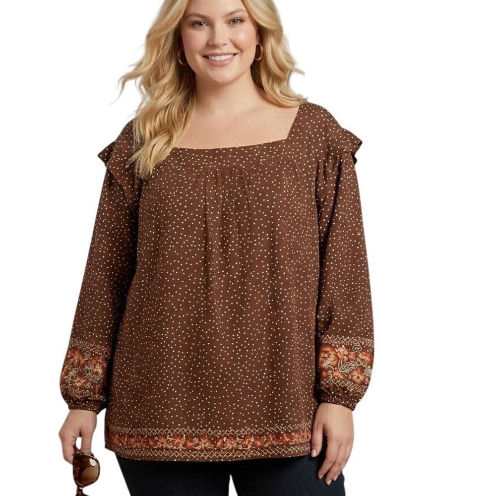 Savanna Jane Brown Polka Dot Embroidered Top Women's Size 3X Floral Peasant